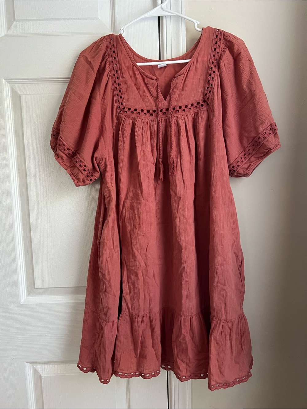 Old Navy Pink Eyelet Trim Cottagecore Babydoll Puff Sleeve Mini Dress Large